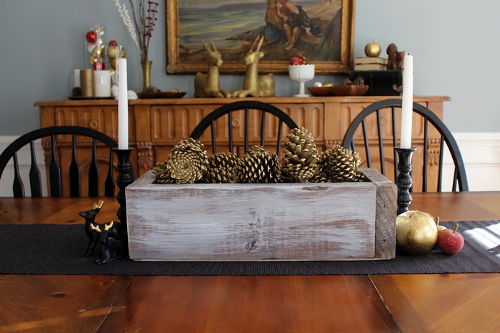 Rustic Wooden Box Centerpiece with Gold Pinecones