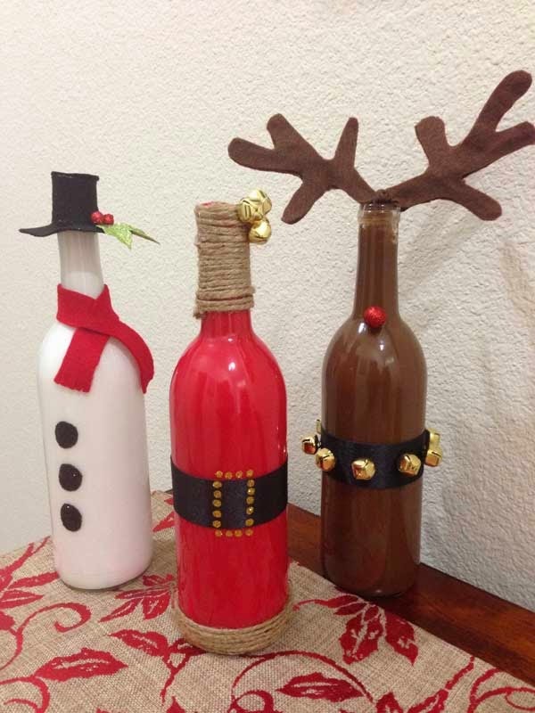Spray Paint Wine Bottles and Dress Them up as Snowman, Santa and Reindeer