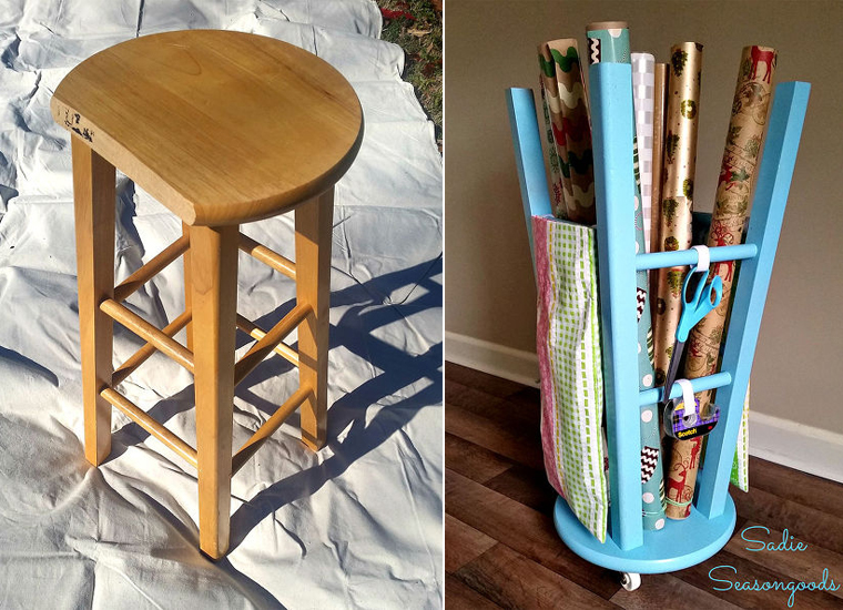 Upcycled Kitchen Stool Gift Wrap Caddy