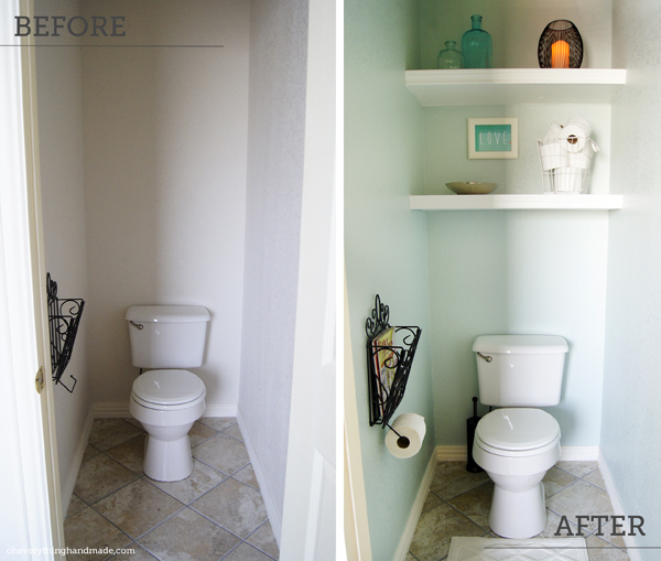 Install floating shelves to use the space above the toilet