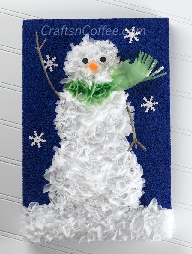 Recycle plastic shopping bags to make a Snowman Picture