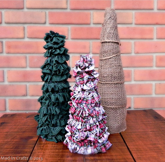 Ruffled Plaid Trees Made from Thrift Store Shirt Scraps and Foam Cones