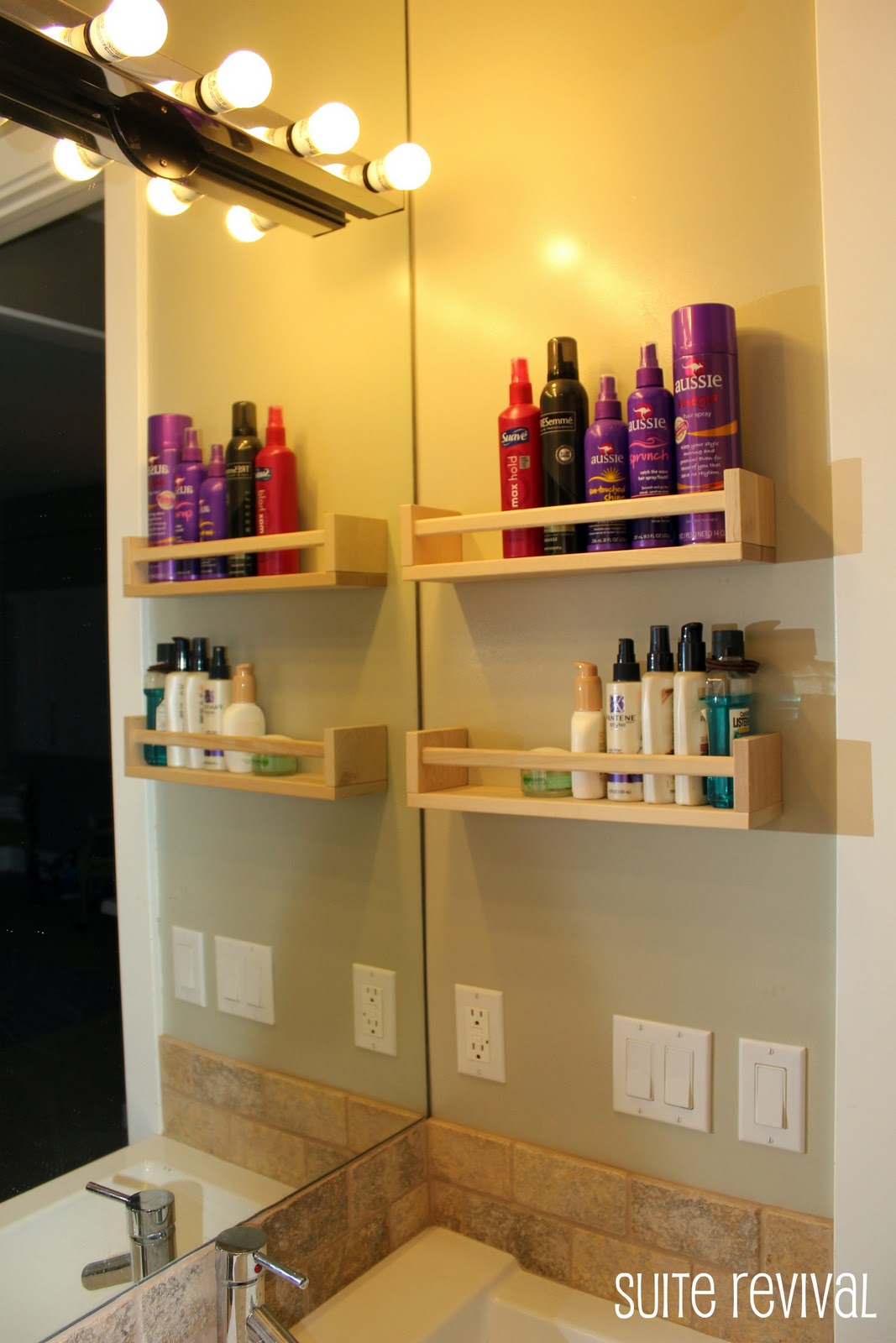 Take the spice racks into the bathroom and use them as storage for all of your hair styling and makeup products