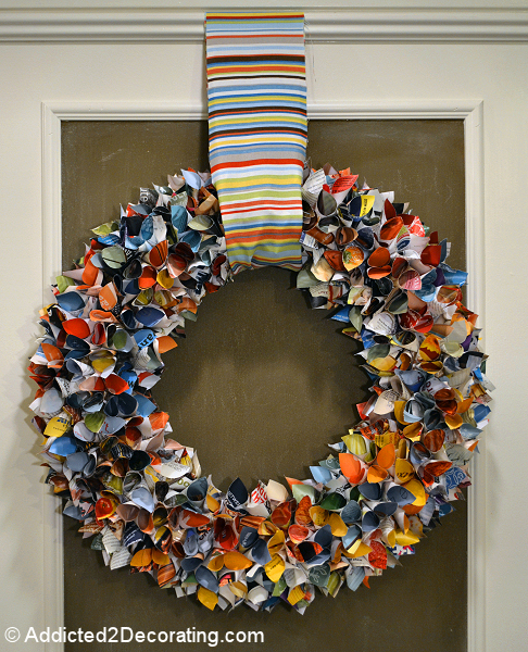 Use colorful pages of magazines to make this upcycled magazine wreath
