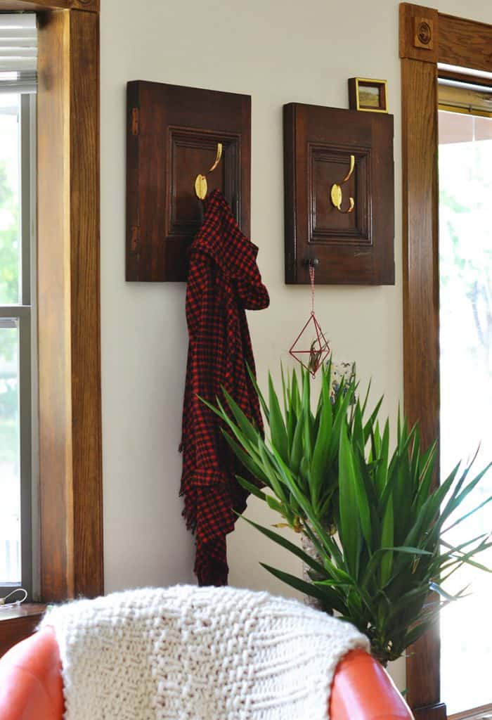 repurposed cabinet door into a coat rack