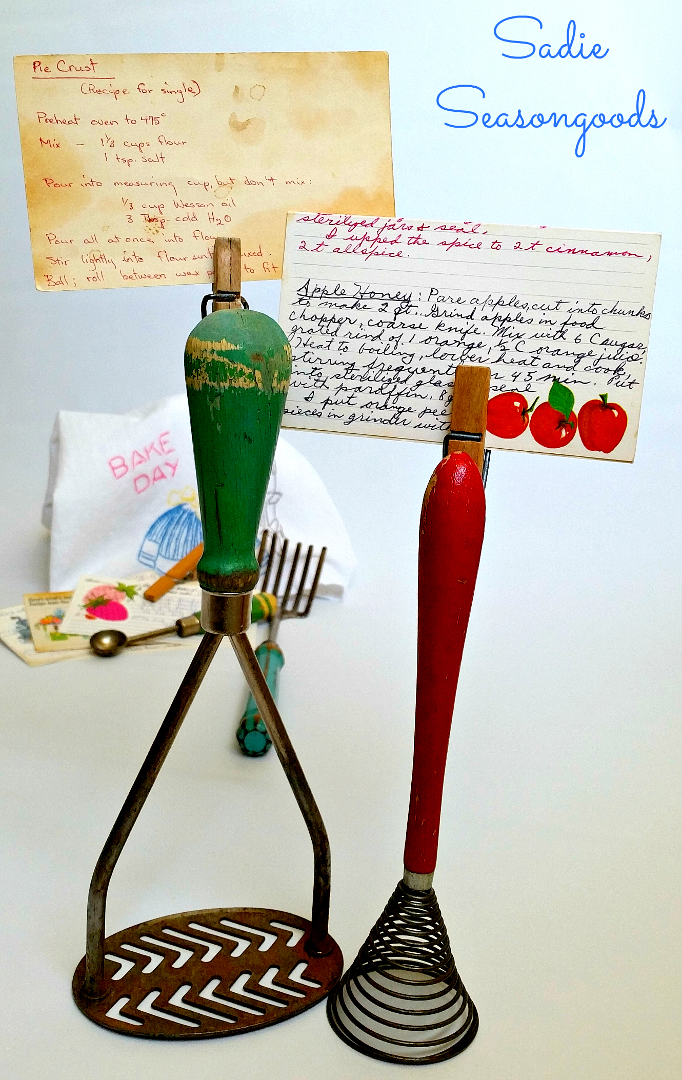 Recipe card holders made from vintage kitchen gadgets