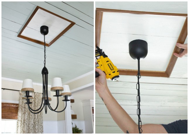 Use paint and a picture frame to create this unique ceiling medallion that highlights a chandelier