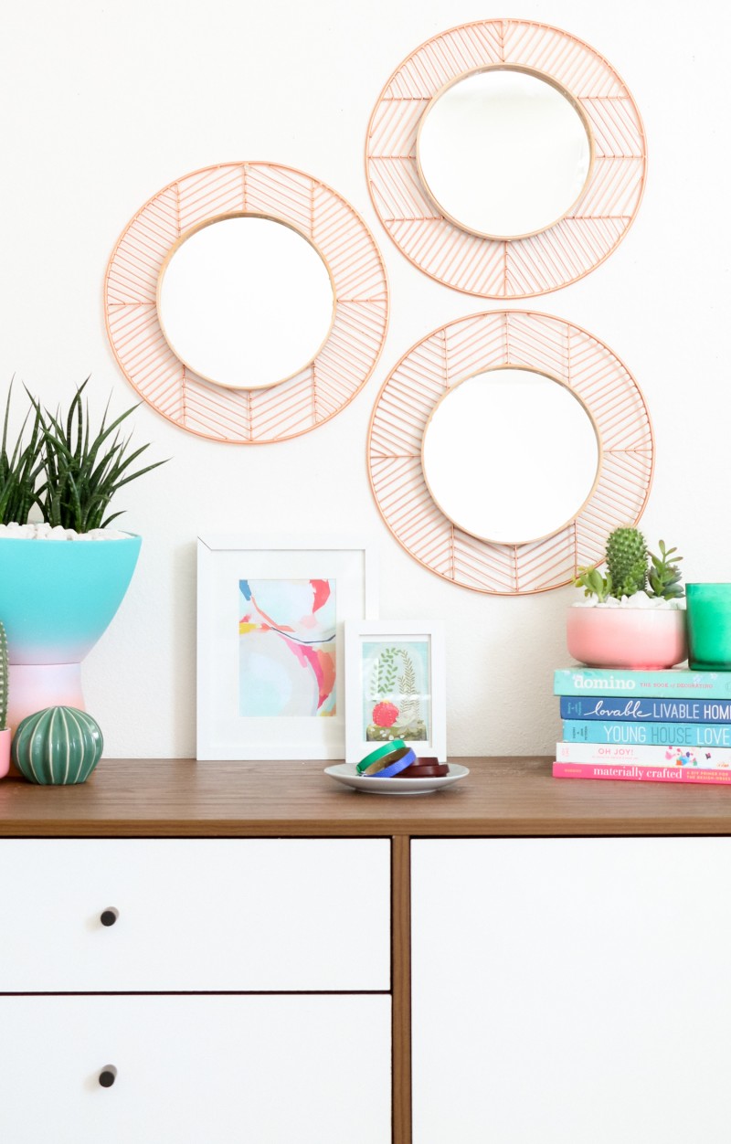 Geometric Copper and Wood Mirrors